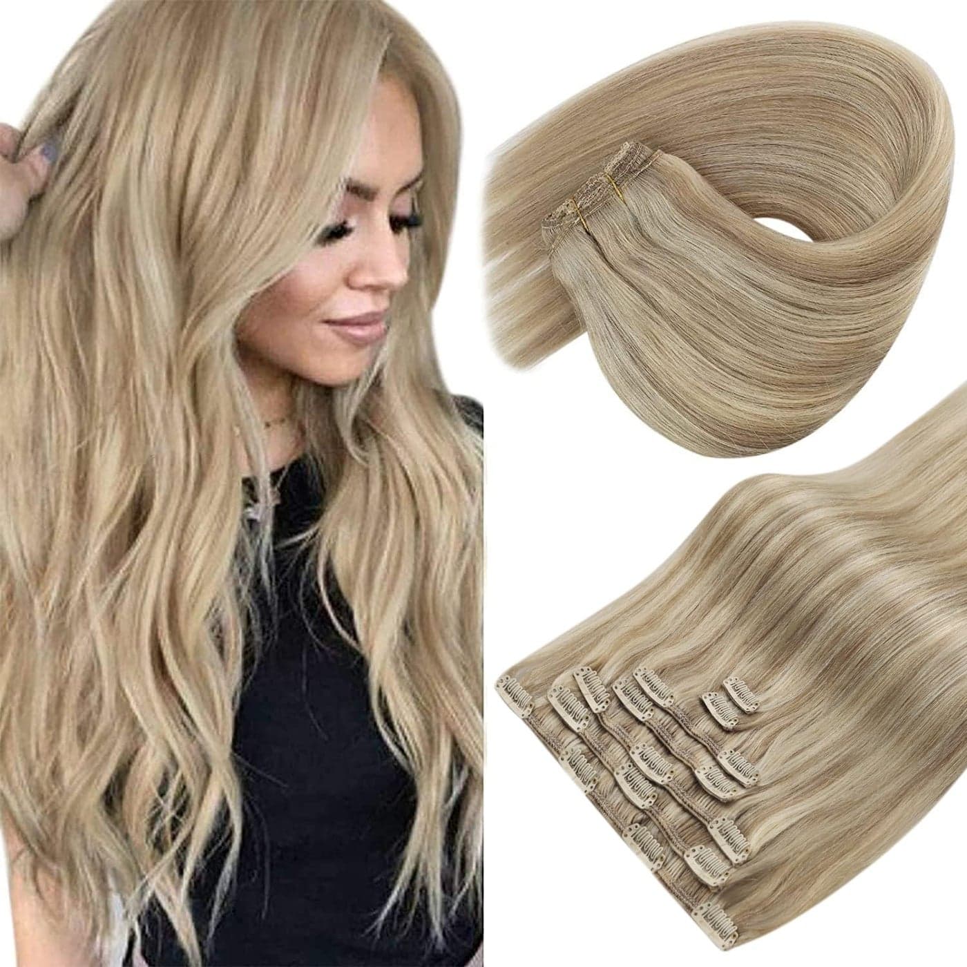 Sunny Hair Clip in Hair Extensions Straight Human Hair Clip in Extensions Remy Clip in Hair Extensions Real Human Hair Extensions Clip ins Golden Blonde Highlights Light Blonde 22inch