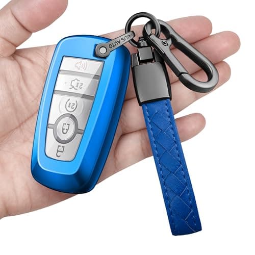 Autophone for Ford Key Fob Cover with Leather Keychain Soft TPU Protection Key Case for Mustang Explorer Fusion Escape Edge Expedition Raptor F150 F250 F350 F450 F550 Smart Key 345 Buttons Blue