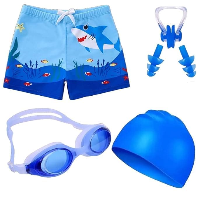 Wetex Premium Boy's Swimming Kit Includes 1 Swimming Shorts, 1 Anti Fog Goggles, 1 Silicone Cap, 1 Nose Clip and 2 Ear Plugs| Complete Swim Set for Ages 2-21years(Blue,4 Years-5 Years)