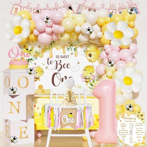 Fiesec First Bee Day Decorations Girl 108PCs Honey Bee Themed 1st Birthday Party Supplies with So Sweet to Bee One Backdrop Banner Pink Yellow Balloon Garland Kit Tablecloth