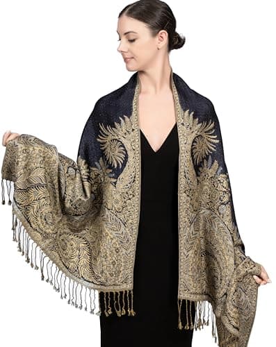 Achillea Soft Silky Reversible Paisley Pashmina Shawl Wrap Scarf w/Fringes (Big Paisley Navy)