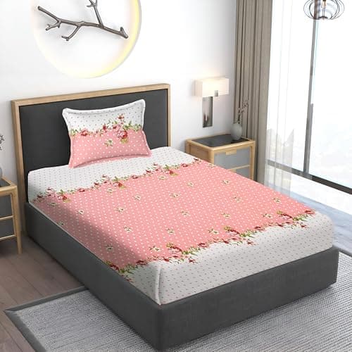 IVAZA Cotton Feel Ezyption Cotton Wrinkle Free Soft Hypoallergenic Bed Sheet | Floral Printed Single Bedsheet Size with 1 Pillow Cover (60x90 Inches Pink White