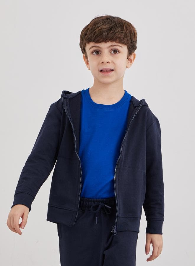 Navy Blue Cotton Full Zip Hoodie With Pocket
