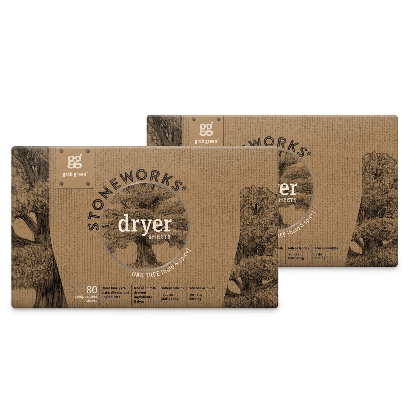 Grab Green Stoneworks CrueltyFree Dryer Sheets Softens Fabrics Freshens Clothing Reduces StaticCling and Wrinkles Plant Based Oak Tree Scent 160 Sheets