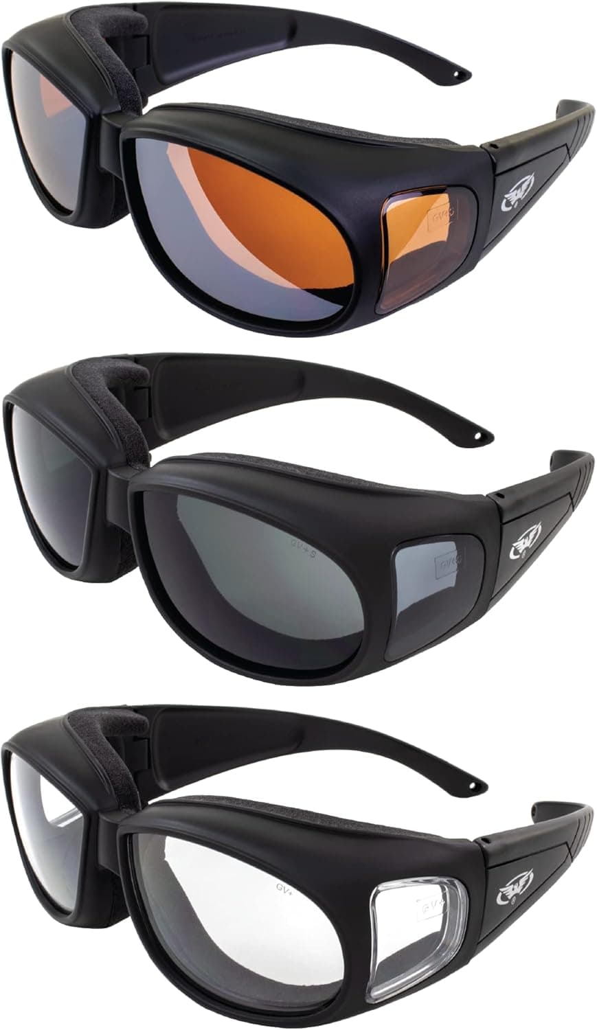 Global Vision Outfitter Padded Motorcycle Safety Sunglasses - 3 Pairs with Clear, Smoke & Driving Mirror Lenses