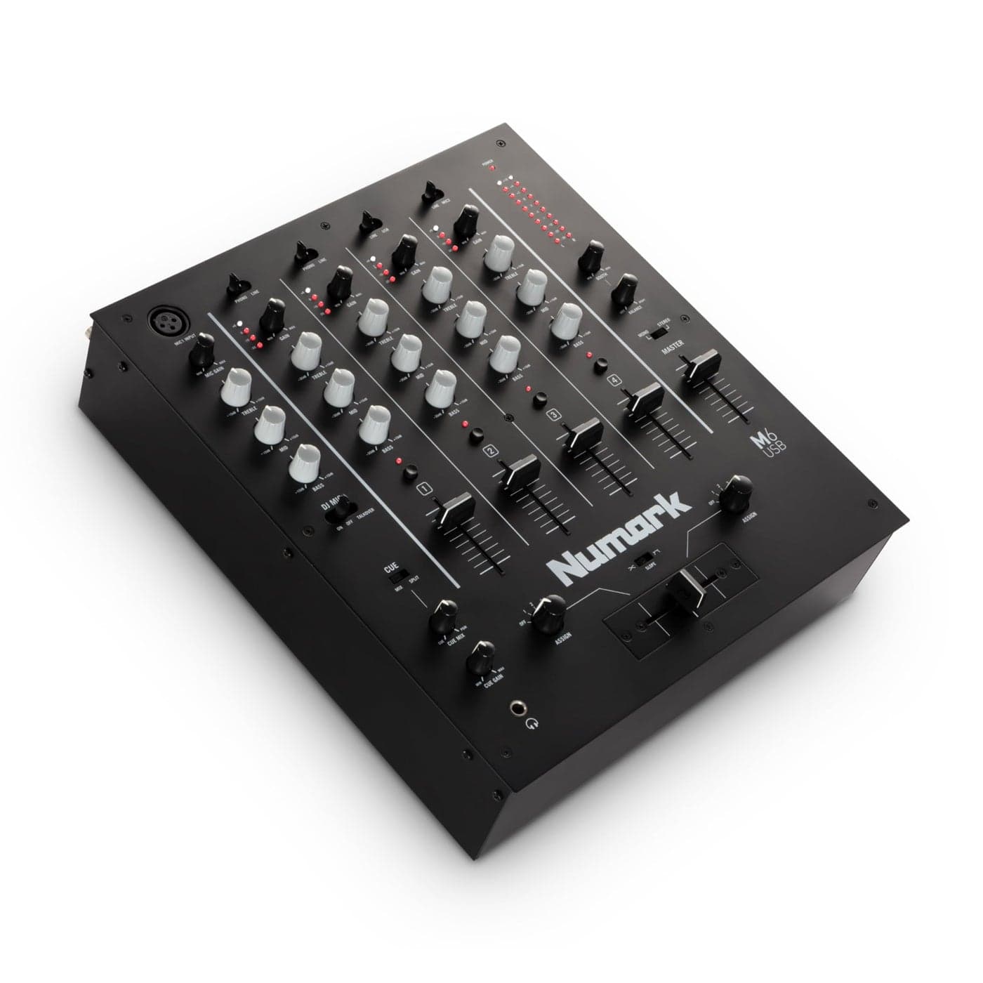 Numark M6 USB 4Channel DJ Mixer with BuiltIn Audio Interface 3Band EQ Microphone Input and Replaceable Crossfader with Slope ControlSilverBlack