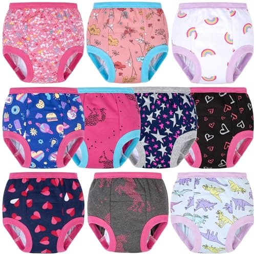 BIG ELEPHANT 10 Packs Baby Girls' and Boys' Potty Training Pants, 100% Cotton Absorbent Training Underwear for Toddler, 3T