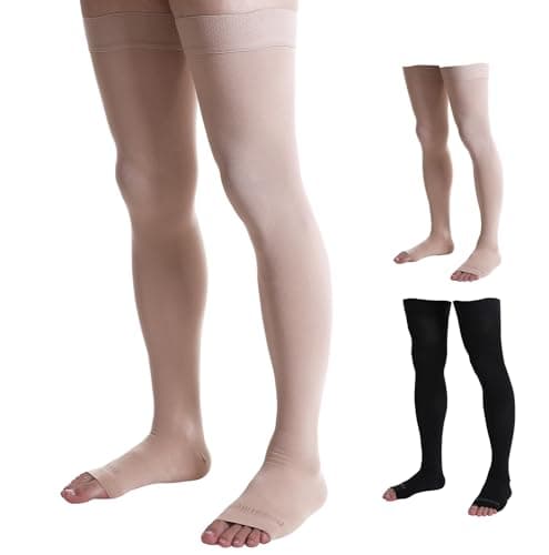 Doc Miller Thigh High Open Toe Compression Stockings 15-20mmHg for Varicose Veins, Pregnancy Support Open Toe Thigh High Compression Socks for Women and Men (Beige, Large)