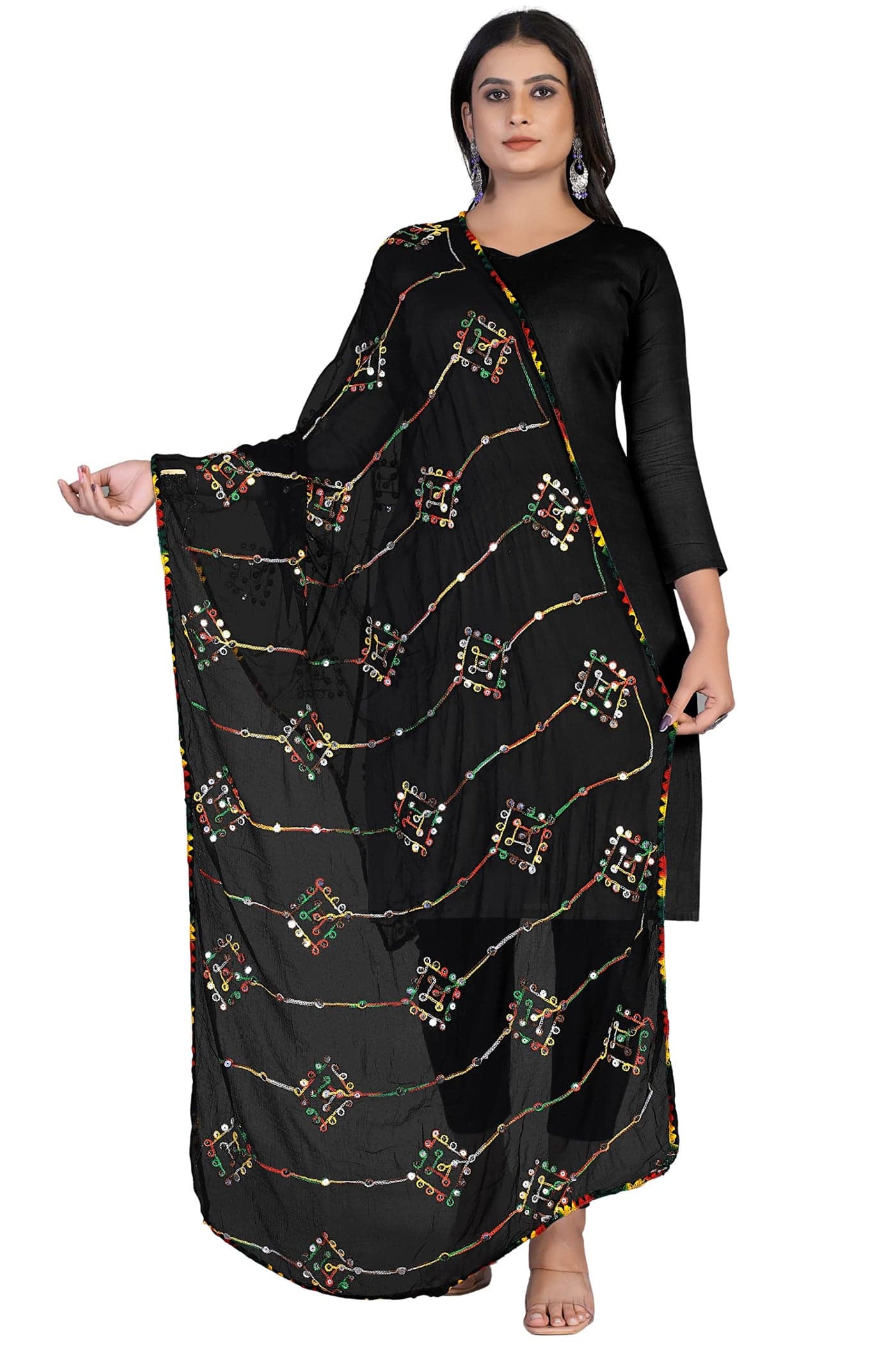 KEMZA Women's Embroidered Mirror Work Chiffon Dupatta (Black_Free size)