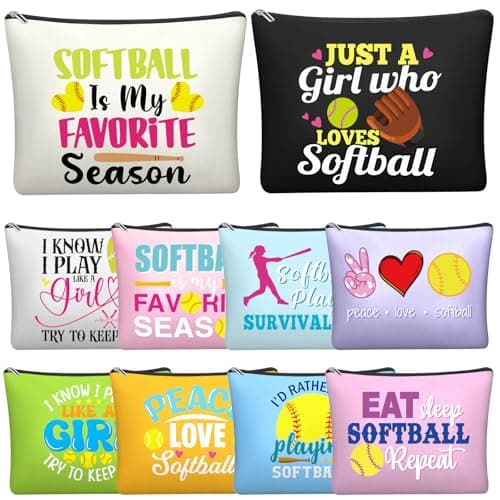 Locmeo 10 Pcs Softball Makeup Bag Bulk Softball Team Gifts Goodies Bag Stuffers Canvas Cosmetic Snack Gift Bags with Zipper for Women Teen Girls Team Player Coaches Sport Party Favors