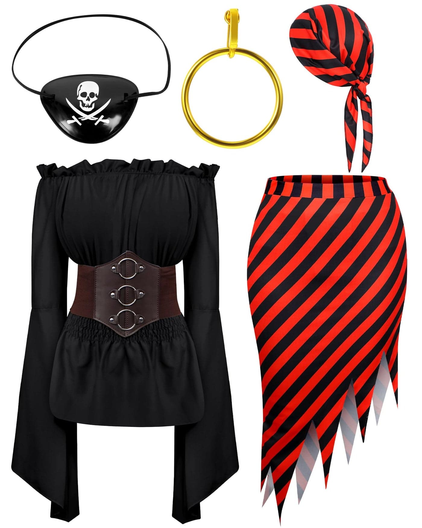 Silicherry Women Pirate Costume Set Renaissance Pirate Costume Adult Pirate Head Scarf Hat for Carnival Mardi Gras Cosplay(XL,Black)