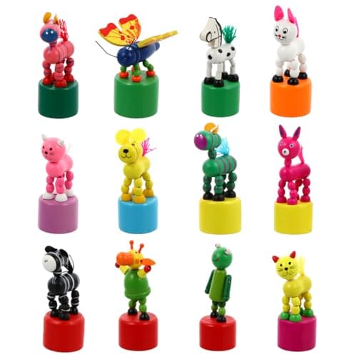 NUOBESTY Wooden Push Puppets Toys Kids Finger Thumb Puppets Animal Figurines Party Favors Press Base Toy Role Play Performance Props 12pcs Random Colors