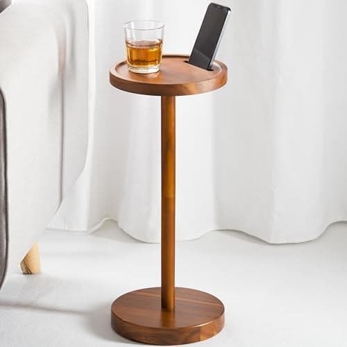 BLUEWEST Pedestal Side Table Acacia Weighted Base Drink Table with Phone Holder Small Round Side Table for Small Spaces Martini or Cocktail End Table Compact Mini Pedestal Table for Home Use