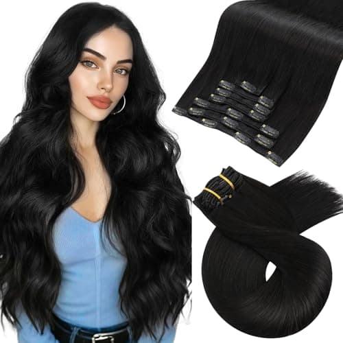 Moresoo 24 inch Black Clip in Hair Extensions 24 inch Clip ins Human Hair Black Remy Double Weft Human Hair Clip in Extensions Straight Hair Extensions for Women Natural Black #1B 7pcs 120g