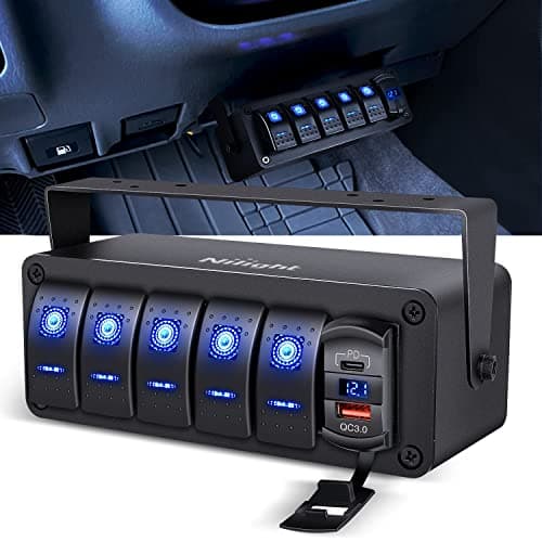 Nilight 5 Gang Rocker Switch Box 12V SPST ON Off Switch PD Type C and QC 3.0 USB Charger Voltmeter Waterproof Aluminum Rocker Switch Panel DIY Stickers for Boats Cars RVs Trucks