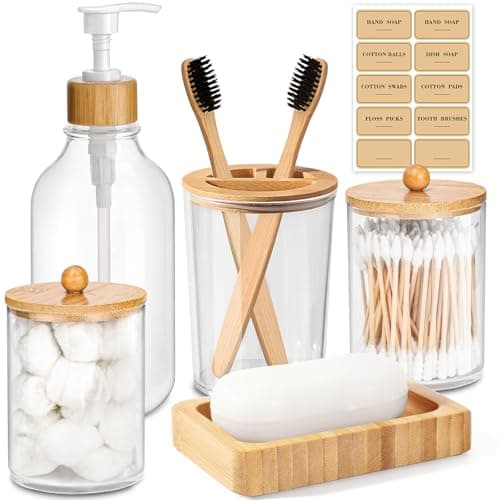 ALPIRIRAL Bamboo Bathroom Accessory Set 5 Pcs Boho Bathroom Accessories Sets Complete Clear Bath Soap Dispenser and Toothbrush Holder Set Soap Dish Cotton Swab Jar Boho Organizer