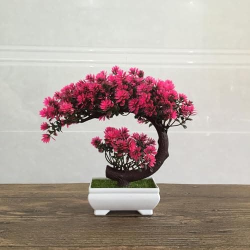 Dekorly Small Artificial Bonsai Tree Fake Plant Potted House Plants Japanese Pine Bonsai Plant Faux Bonsai for Home Indoor Decoration Office (Pink-A)