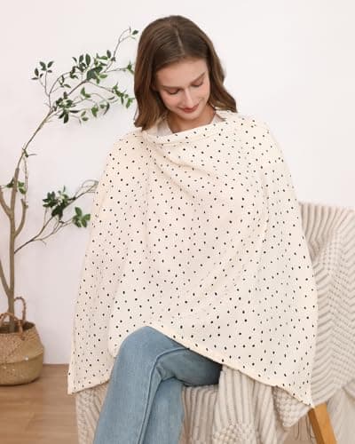 Nursing Cover for Baby Breastfeeding with Rigid Hoop Breathable Soft 100 Muslin Cotton Baby Breast Feeding Pumping Apron Beige Polka dots
