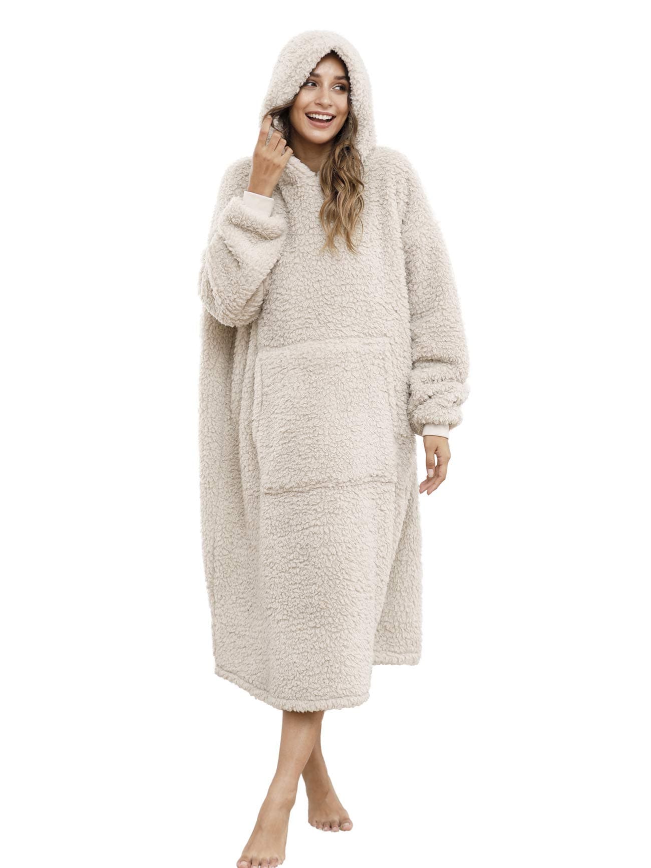 ililmmoe Sherpa Wearable Blanket Oversized Hoodie Sweatshirt TV Blanket with Long Sleeves and PocketBeige