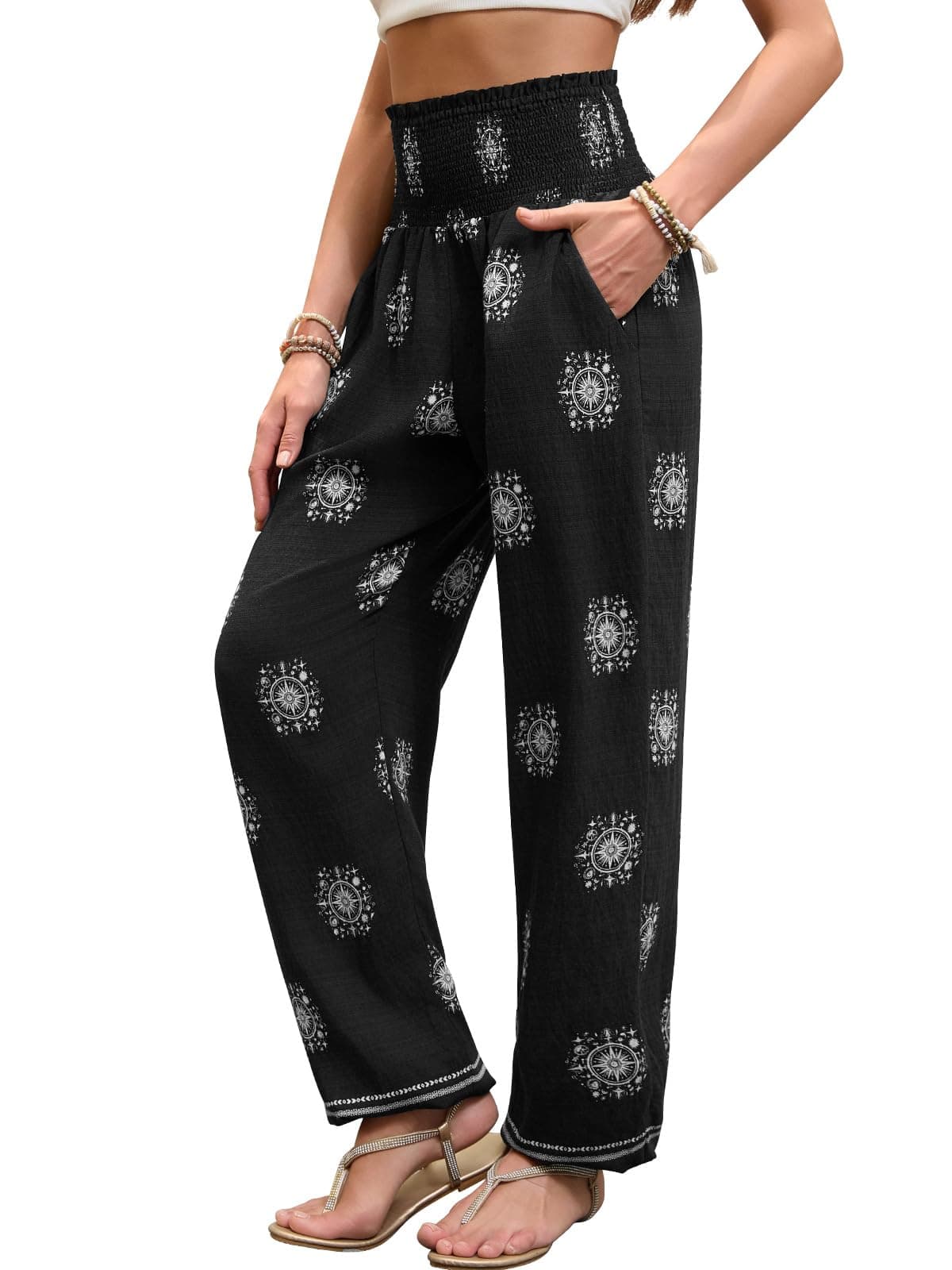 QIANXIZHAN Women's Harem Pants, Hippie Boho Pants High Waist Flowy Yoga Pants with Pockets Night Star M