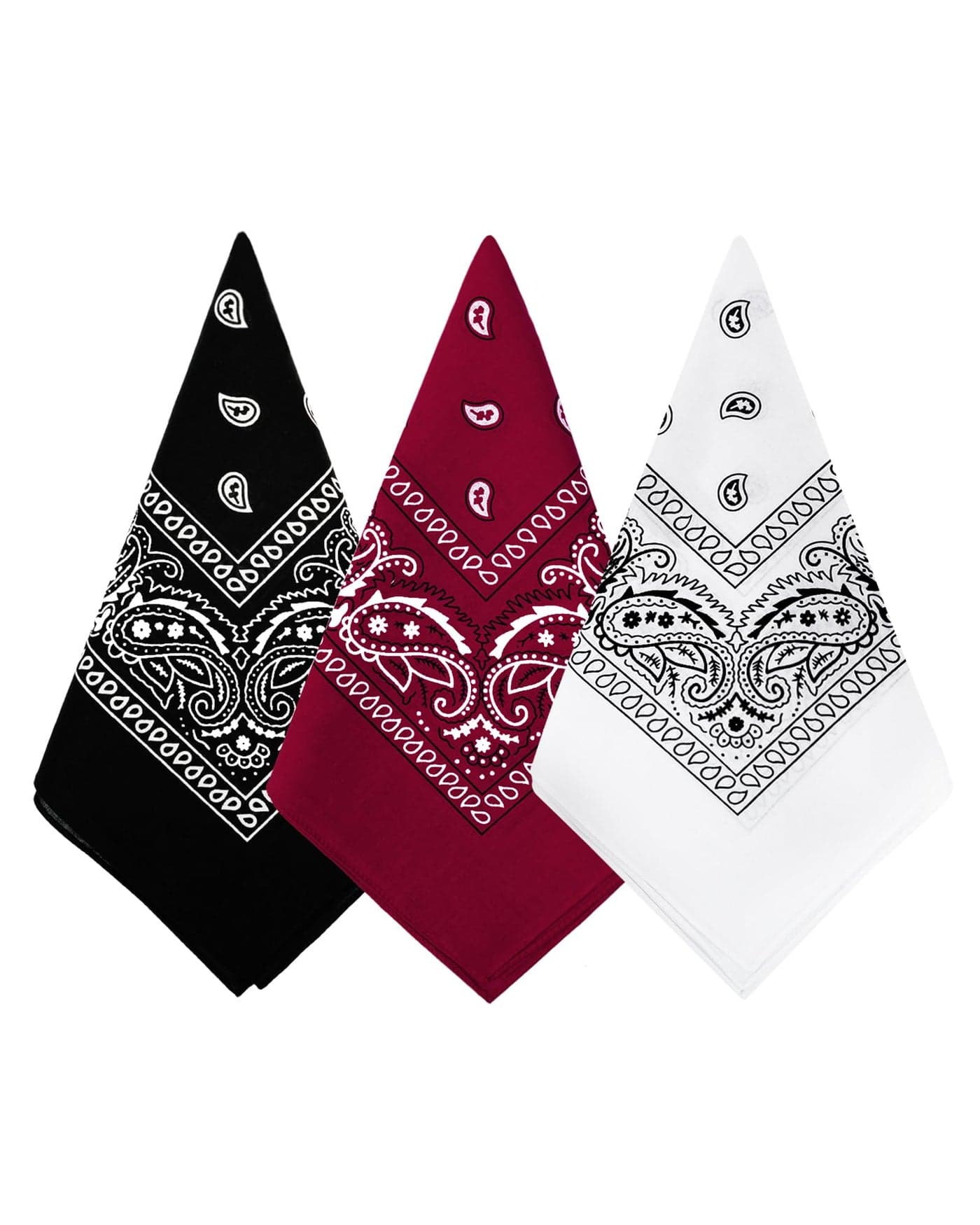 Bycc Bynn unisex 3 Pack 100% Cotton Paisley Pattern Bandanas Square Scarf Headwear (Black + Burgundy + White)