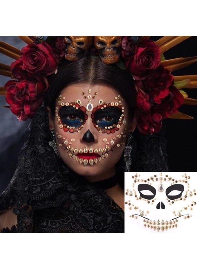 Halloween Face Jewels Temporary Tattoos Skull Horror Ghost Gems Rhinestone Fake Tattoos Acrylic Eyeshadow for Cosplay Party Supplies Day of the Dead Face Stickers 3 Sheet