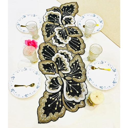 MFU-MADE FOR YOU Beautiful Beaded Table Runner Craftsmanship Pack of 1 Measure 13 X 36 Inches Thanksgiving, Decorative Hand Beaded Table Runner, Occasional Decoration (Black Gold)