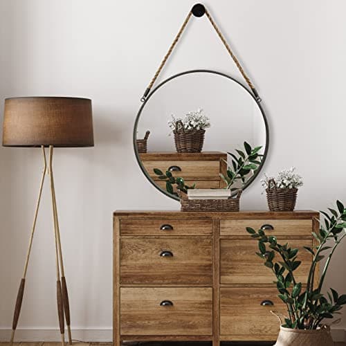 POZINO Round Hanging Mirror, Circle Wall Mirror with Rope, 20 Inch Farmhouse Mirrors for Bathroom Bedroom Living Room Entryway Home Decor, Grey