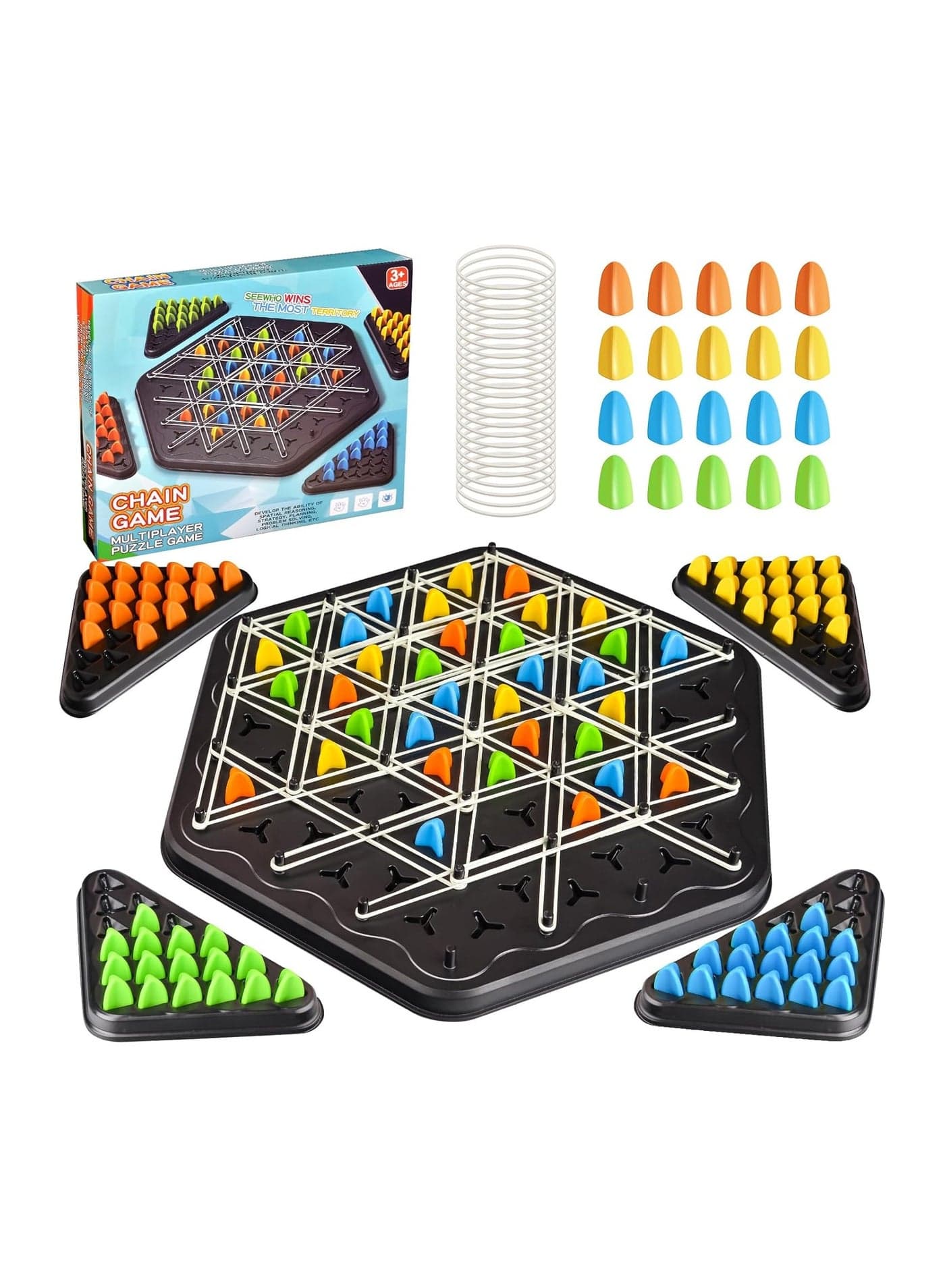Chain Triangle Game, Children's Strategy Board Game, Triangle Rubber Band Game, Family Game for Kids and Adults, Family Night Board Game, 2 to 4 Players, Children's Birthday Gift