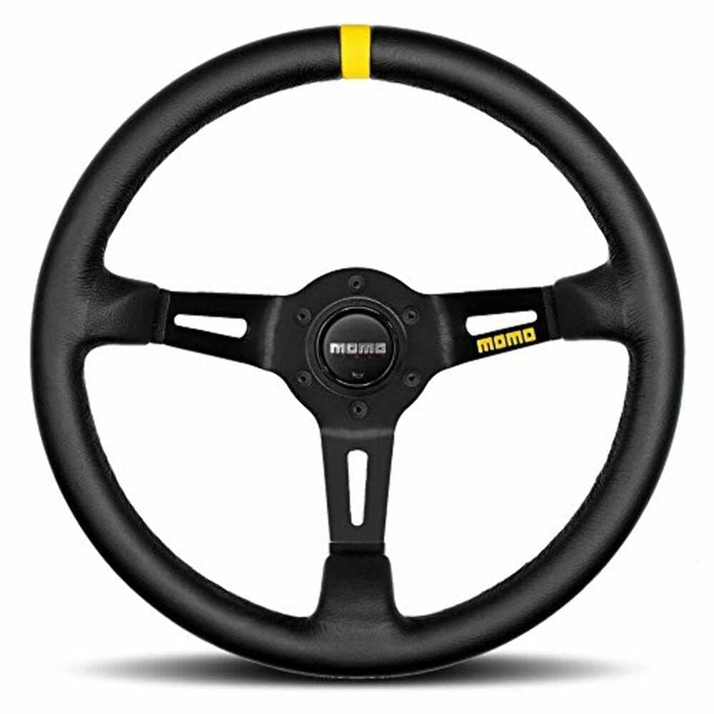 MOMO Motorsport MOD08 Leather Racing Steering Wheel 350mm 88mm Deep Dish Yellow Horn 3Spoke with Cutouts 6Bolt Aluminum Frame Authentic MOMO Italian Aftermarket Wheel Hub Adapter Required