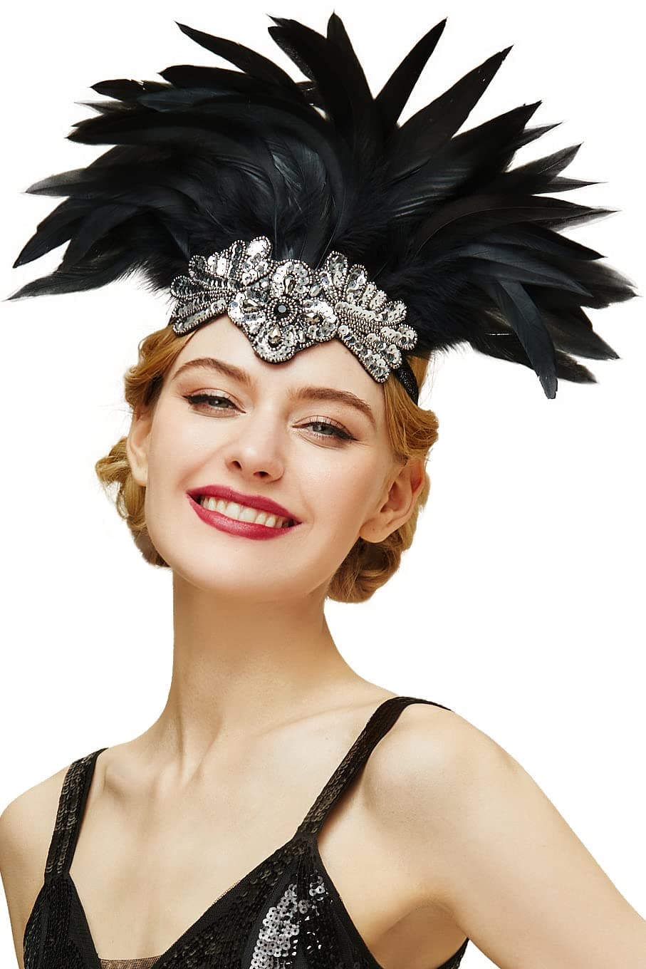 BABEYOND Carnival Feather Headpiece Showgirl Headband Women's Feather Pageant Headband 1920s Flapper Headband (Black)