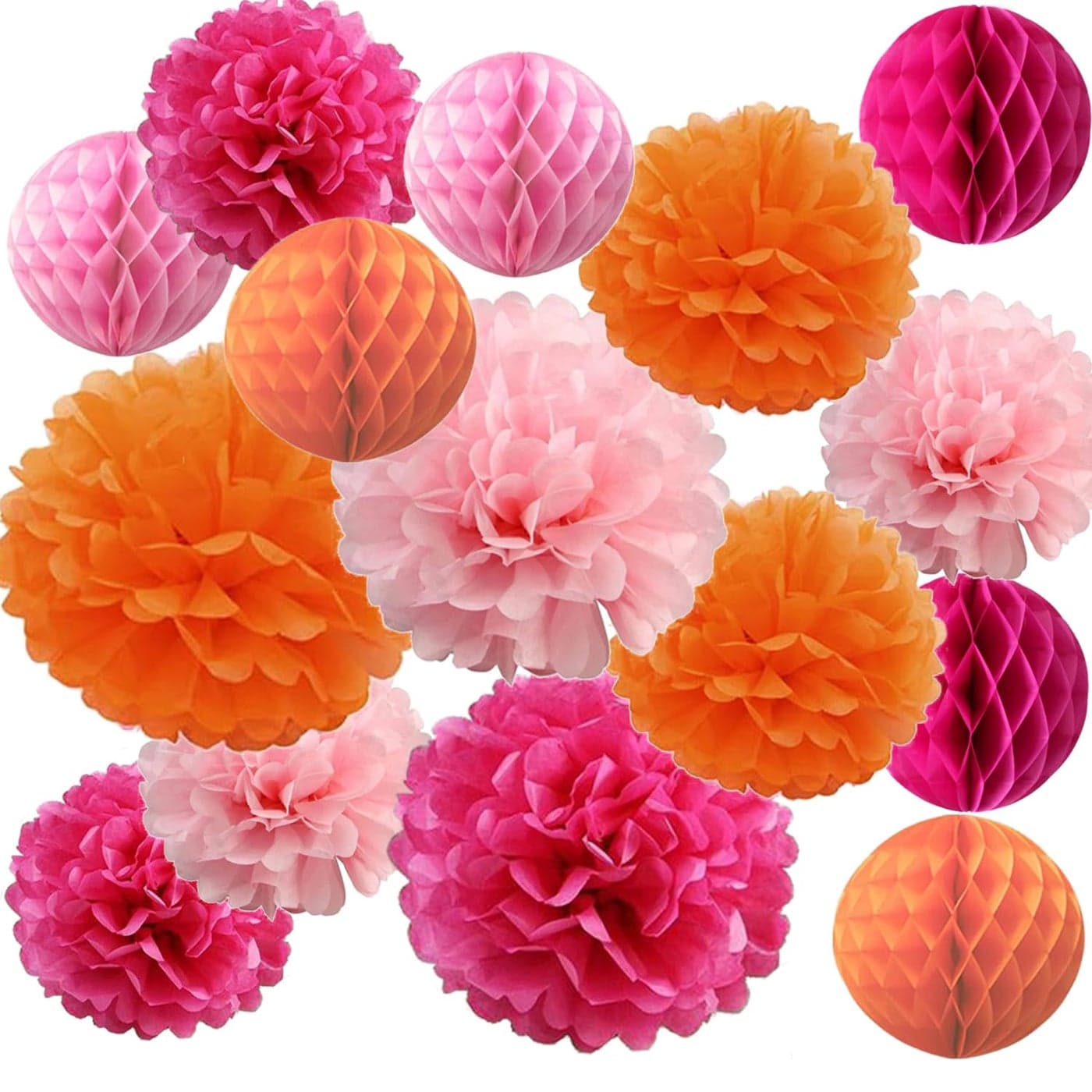 15PCS Hot Pink Orange Party Decorations Tissue Paper Flowers Pom Poms Honeycomb for Girl Groovy Birthday Baby Shower Wedding Bachelorette Summer Flamingo Party Nursery Wall Hanging Dcor