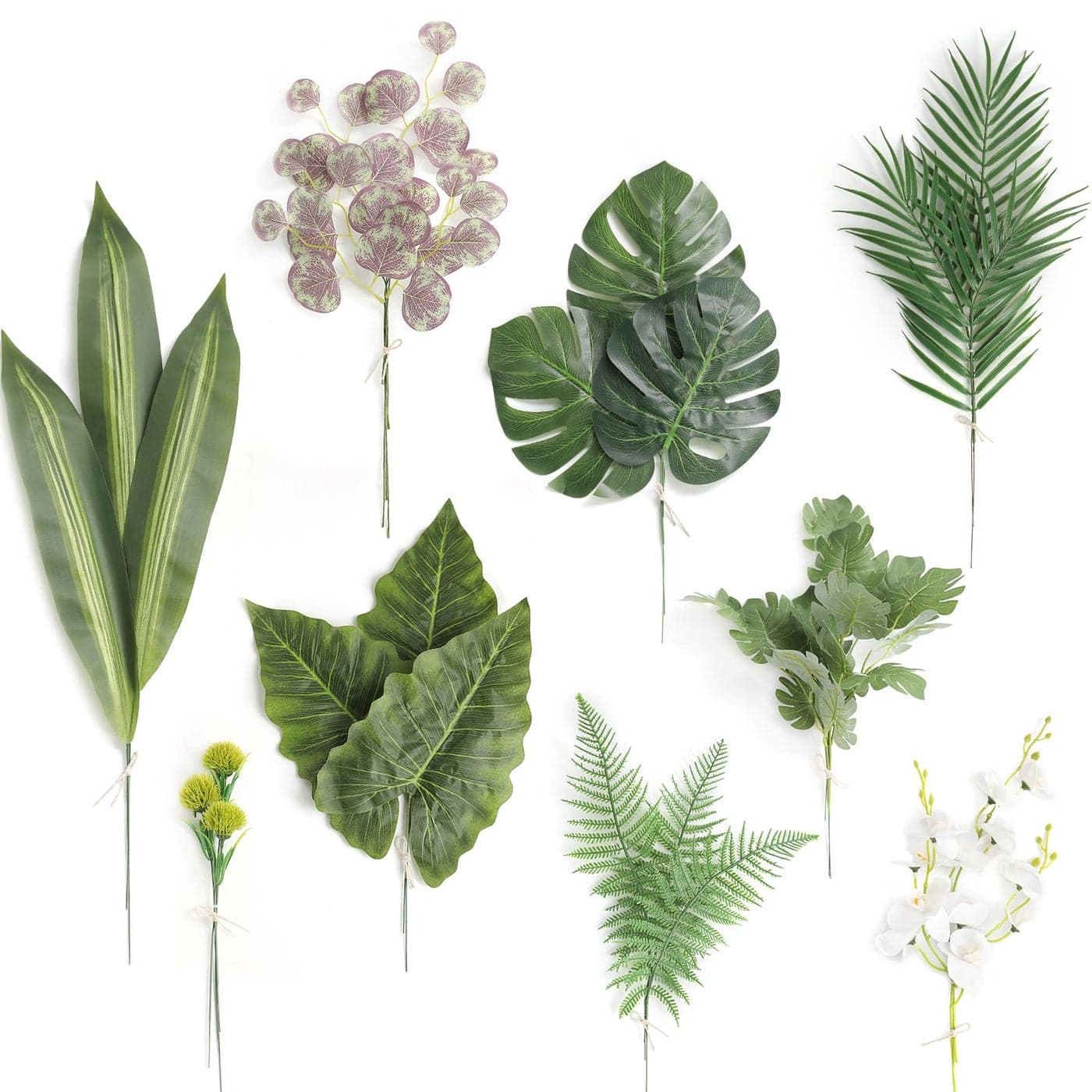 Serra Flora Artificial Greenery Spray Box SetPack of 30pcs with 9 Kinds of Filler for Safari Jungle Hawaiian Luau Party Table Decoration Wedding Birthday Theme Party Decorations Palm Leaves