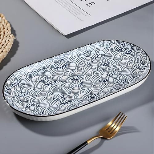 OLWICK® Japanese Style 12-Inch Ceramic Fish Plate – Waves Pattern Sushi Serving Platter, 30x15cm Porcelain Dish for Seafood, Appetizers & Snacks (1 Piece)