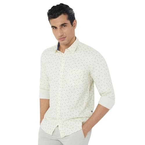 Parx Men's Slim Fit Cotton Semi Cutaway Collar Print Pattern Button Closure Full Sleeve Light Yellow Casual Shirt