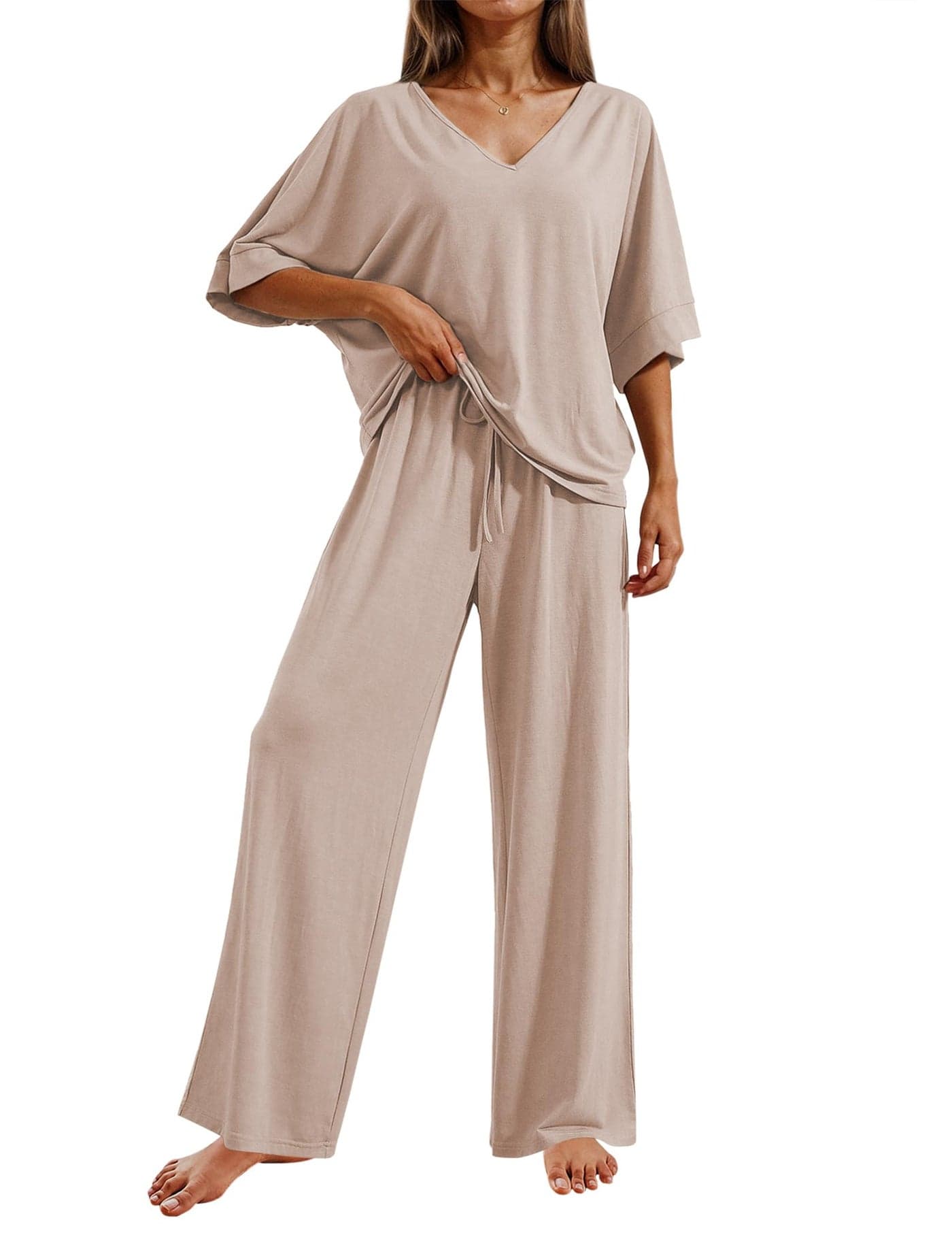 Ekouaer Womens Pajamas Short Sleeve Pullover Tops and Long Pants Pjs Lounge Wear Sets 2 Piece Outfits,Beige,S