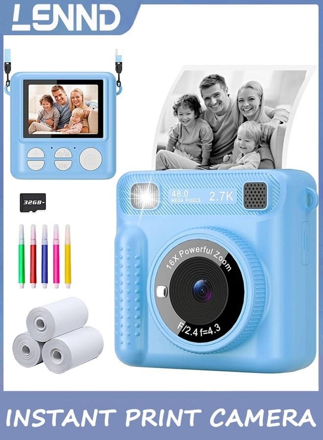 Camera for Kids Instant Print,Portable Camera with 32G Card & 1080p Video,Print Paper,Instant Print Camera with Color Pens for DIY,Over 3 Years Old for Boys Girls Birthday Gifts (Blue)