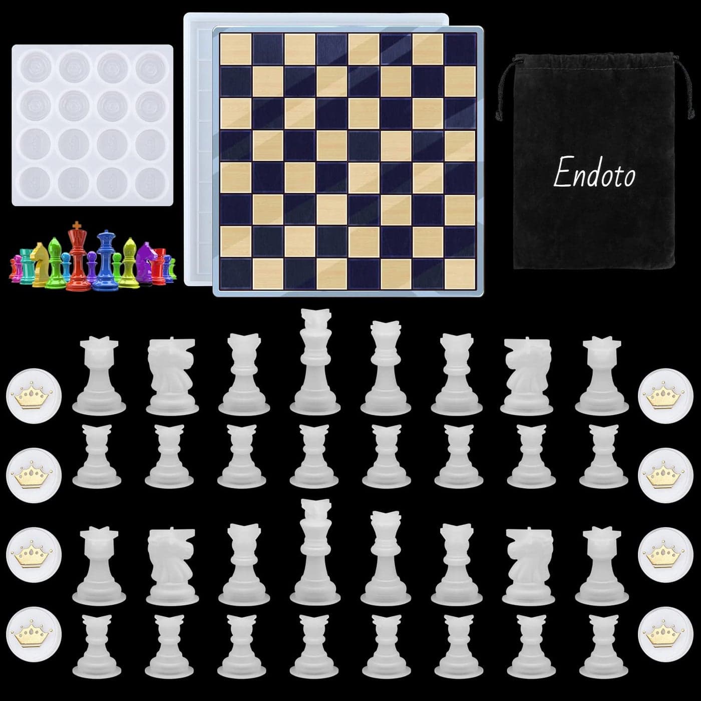 Endoto Chess Set with Checkers Board Silicone Resin Mold 32 Pieces Full Size 3D Chess Crystal Epoxy Casting Molds for DIY Art Crafts Making Family Party Board Games and Home Decoration
