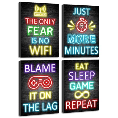 KUVIOKE Video Gamer Room Decor for Teen Boys Gaming Wall Art Gamer Neon Sign Teenage Bedroom Decor Ready to Hang Set of 4, 8x10in (Framed)