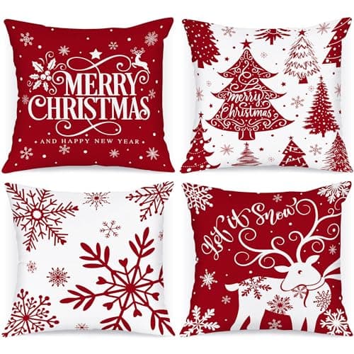 Lanpn White and Red 16x16 Christmas Pillow Covers Set of 4 Decorative 16 Inch Winter Snowflake Throw Pillow Case Xmas Cushion Cover for Indoor House Sofa Red