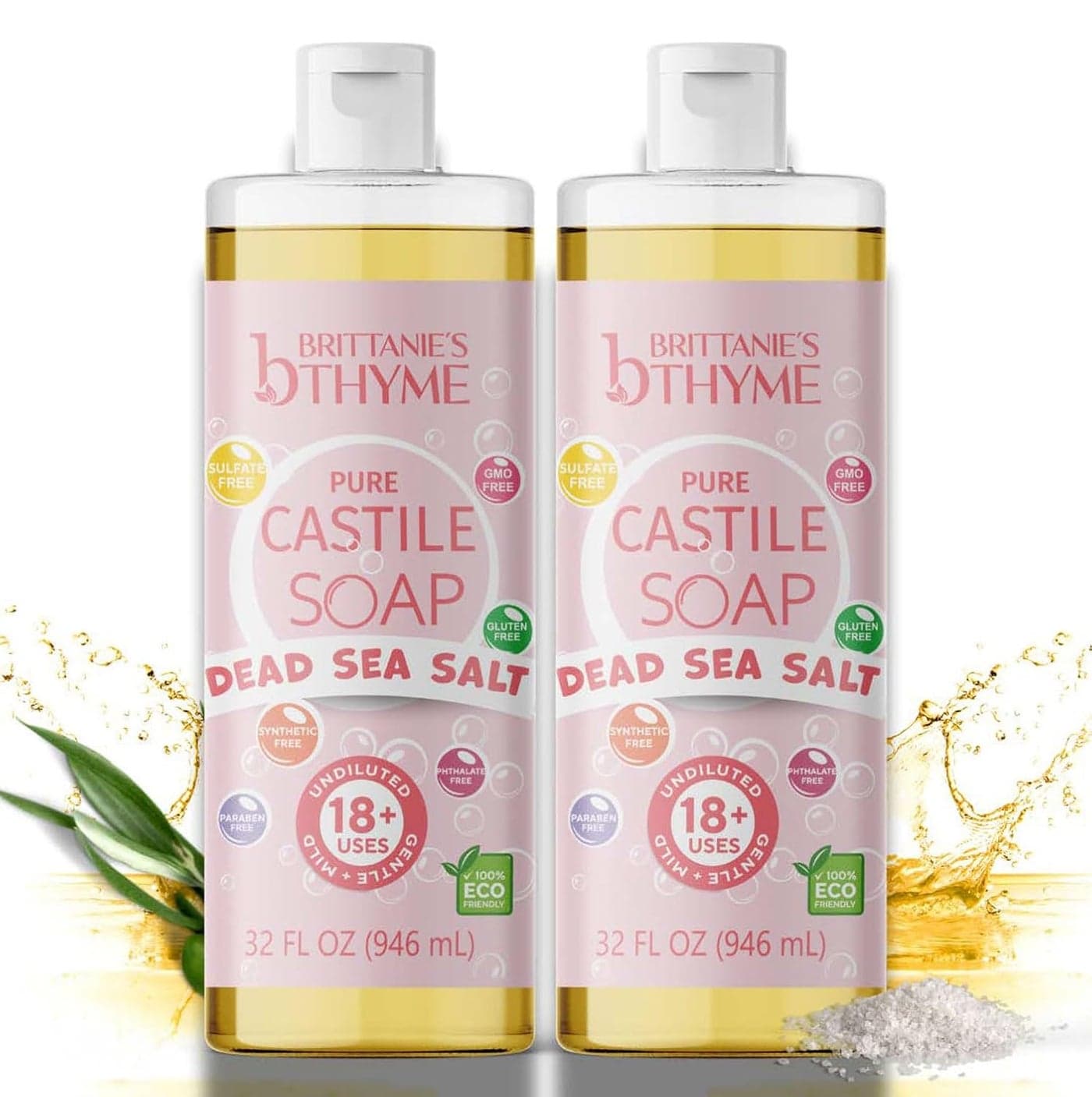 Brittanies Thyme Pure Castile Liquid Soap Refill 32 Fl Oz Pack of 2 For Hair Body Gentle and Pure Made with Natural Luxurious Oils Vegan Gluten Free NonGMO Dead Sea Salt