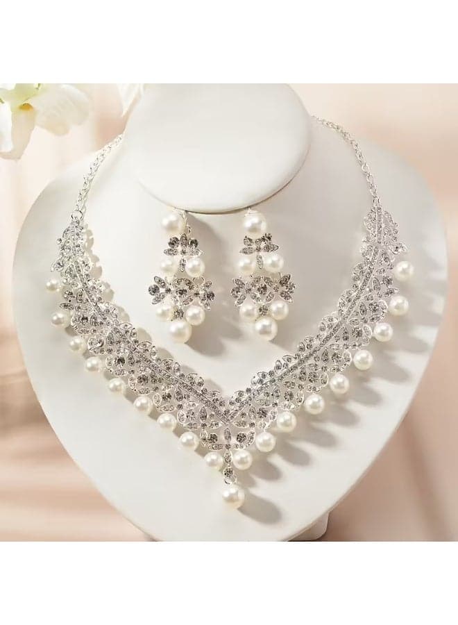 3-Piece Wedding Silver-Plated Rhinestone Necklace Set – Bridal Necklace and Earrings Set