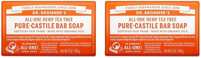 Dr Bronners 3in1 Tea Tree Pure Castile Bar Soap Made with Organic Oils Used for Face Body and Hair Certified Fair Trade Vegan Friendly 140g Bar