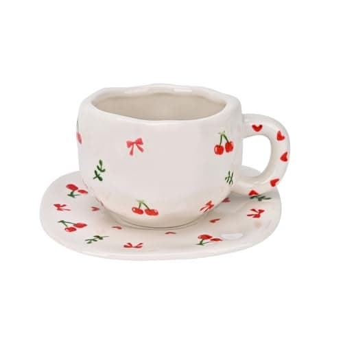 Koythin Ceramic Coffee Mug with Saucer Set, Cute Creative Cherry Bow Cup Unique Irregular Design for Office and Home, 10 oz/300 ml for Latte Tea Milk