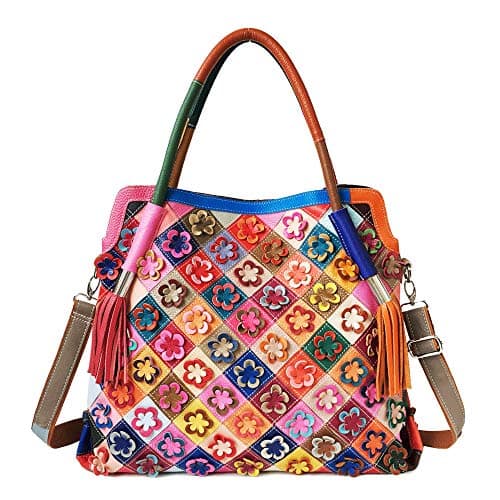 Women’s Multicolor Boston Bag Genuine Leather Colorful Large Tote Handbag Purse (Colorful Flower-Middle size)