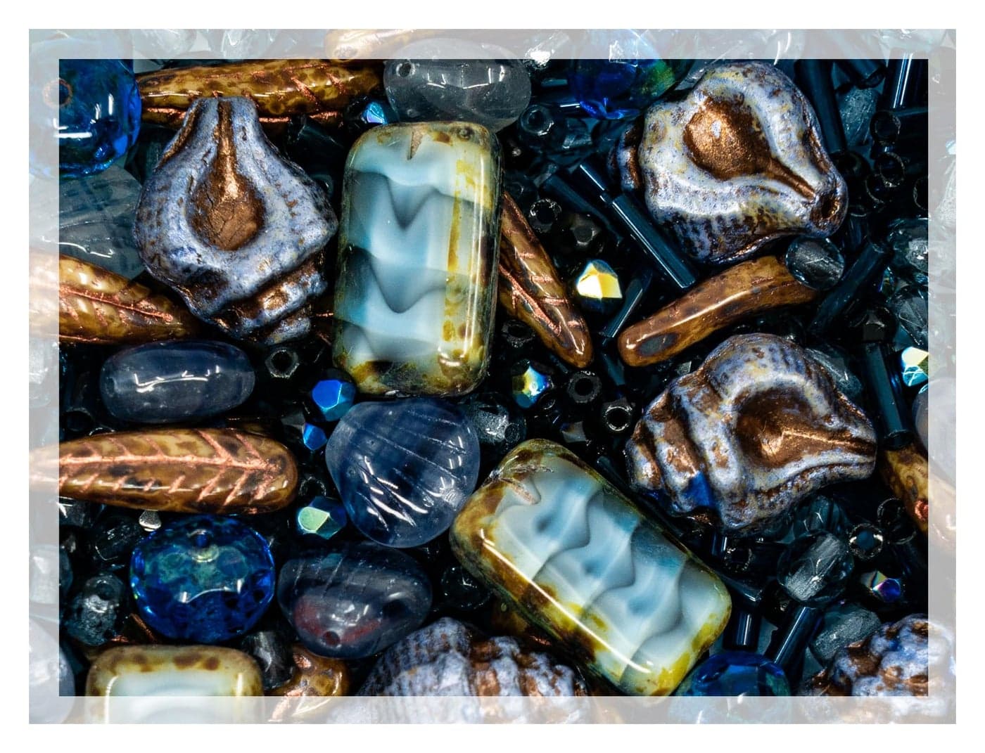 2.1oz (60 g) Mix of Unique Czech Bohemia Glass Pressed Beads, Dark Blue, Table Cut, Matte and Glossy, Faceted Fire Polish, Hand Made Set Kit BCV