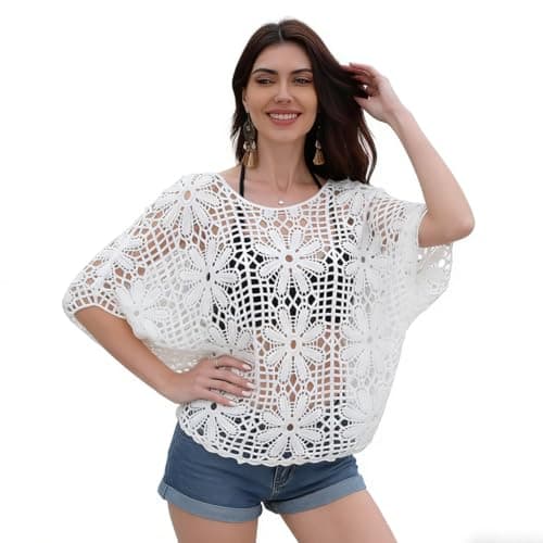 SANNIDHI® Plus Size Crochet Tops for Woman Cotton Knit Blouse Beach Cover Up Top Swimsuit Coverup for Women Hollow Out Floral Summer Pullover T-Shirt for Casual. Vacation (White, Loose Fit)