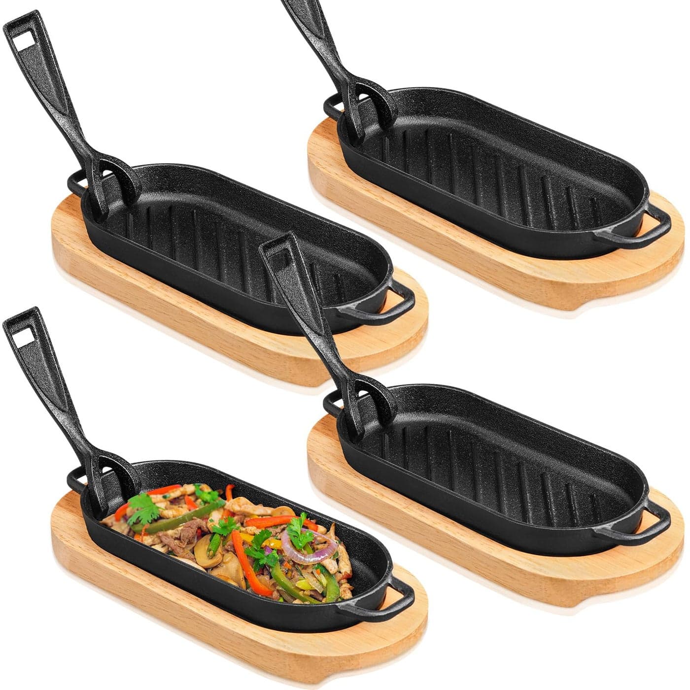 Yiyiring 4 Pcs Cast Iron Fajita Skillet Pan Set Sizzling Steak Plate with Wooden Base and Removable Handle Cast Iron Grill Frying Pan for Home Restaurant Kitchen Cooking 866 x 433 Inch