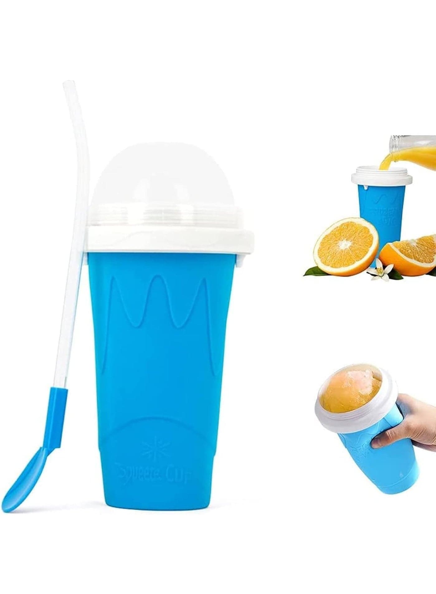 Slushy Maker Ice Cup, Reusable Silicone Smoothie Mug with Straw and Lid, Portable Freeze Squeeze Cup for Milkshake Juice Soda, 330ml Summer Slushie Maker for Kids & Adults, Blue
