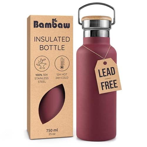 Bambaw 24 oz Insulated Water Bottle, Reusable Stainless Steel Water Bottles, Made of High-Grade Stainless Steel, Lightweight & Easy to Carry, Wide Mouth & Leak-Proof (Red Berry)